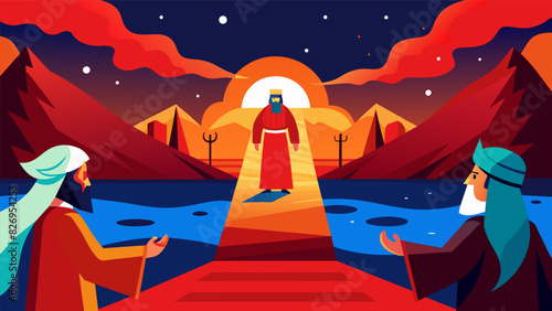 An immersive experience as the audience is invited to witness the miraculous parting of the Red Sea with live actors amidst stunning visuals.. Vector illustration