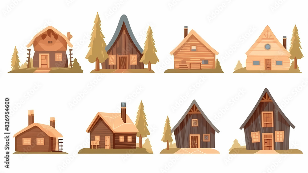 Cabins, wooden houses in forest, mountain village or camp. Small log cottages, huts with chimney, porch and stairs isolated on white background Cabins, wooden houses in forest, mountain village or camp. Small log cottages, huts with chimney, porch and stairs isolated on white background