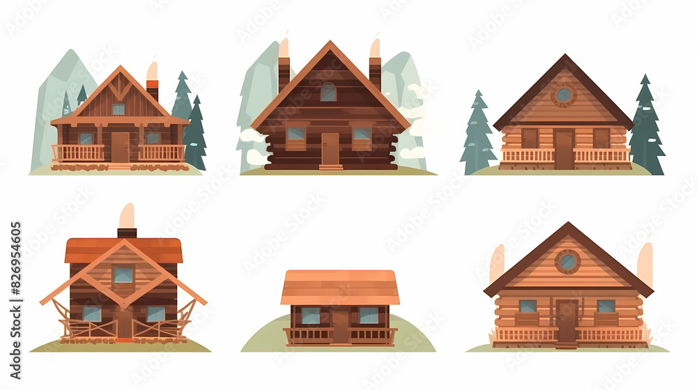 Cabins, wooden houses in forest, mountain village or camp. Small log cottages, huts with chimney, porch and stairs isolated on white background Cabins, wooden houses in forest, mountain village or camp. Small log cottages, huts with chimney, porch and stairs isolated on white background