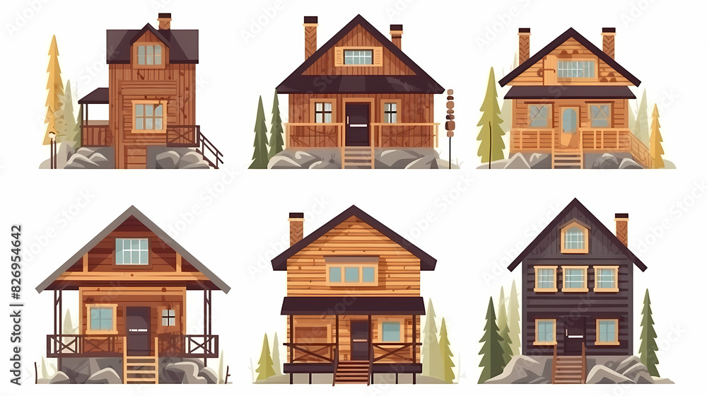 Cabins, wooden houses in forest, mountain village or camp. Small log cottages, huts with chimney, porch and stairs isolated on white background Cabins, wooden houses in forest, mountain village or camp. Small log cottages, huts with chimney, porch and stairs isolated on white background