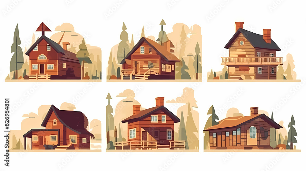 Cabins, wooden houses in forest, mountain village or camp. Small log cottages, huts with chimney, porch and stairs isolated on white background Cabins, wooden houses in forest, mountain village or camp. Small log cottages, huts with chimney, porch and stairs isolated on white background