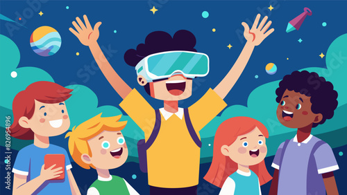Excitement filled the air as a group of techsavvy kids invited their peers to experience a virtual reality tour of a renowned tech company showcasing. Vector illustration