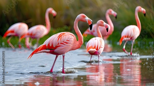 A colorful flock of flamingos wading through shallow waters in search of food  