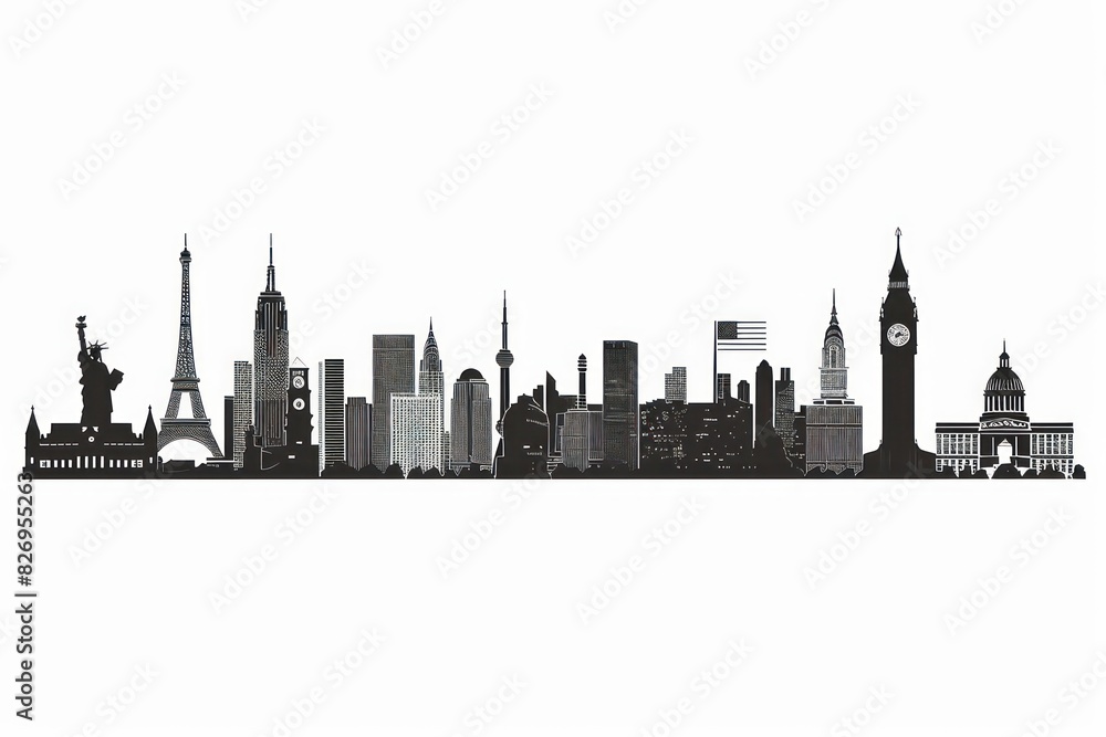 cityscapes of the world in monochrome Illustration on a white background