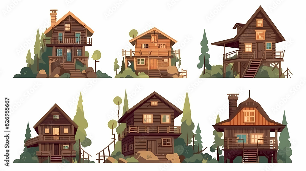 Cabins, wooden houses in forest, mountain village or camp. Small log cottages, huts with chimney, porch and stairs isolated on white background Cabins, wooden houses in forest, mountain village or camp. Small log cottages, huts with chimney, porch and stairs isolated on white background
