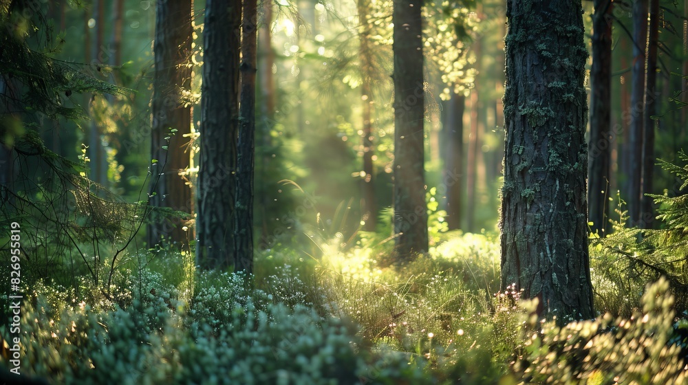 Fototapeta premium Realistic photography of coniferous forest. Abstract background of a northern forest