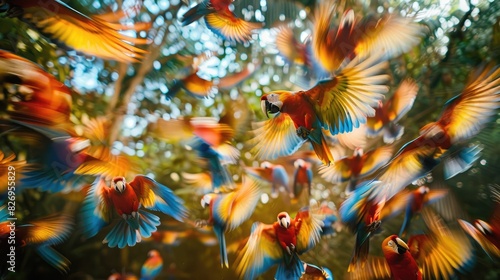 A colorful flock of parrots squawking and chattering as they flit through the trees of the rainforest canopy   photo