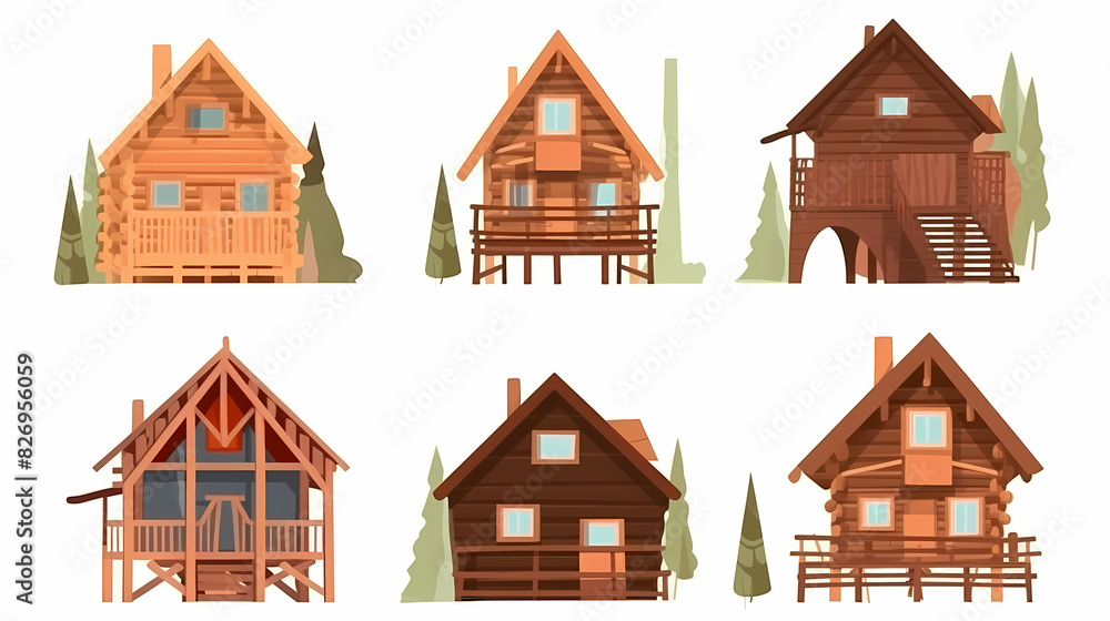 Cabins, wooden houses in forest, mountain village or camp. Small log cottages, huts with chimney, porch and stairs isolated on white background Cabins, wooden houses in forest, mountain village or camp. Small log cottages, huts with chimney, porch and stairs isolated on white background