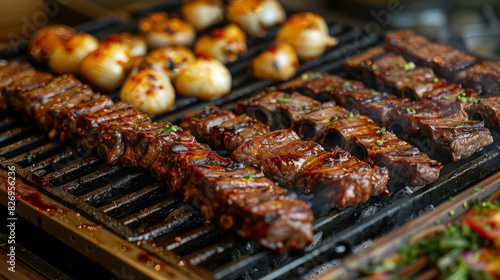 Detailed view of juicy barbecued ribs with glaze, grilling alongside mushrooms and vegetables.