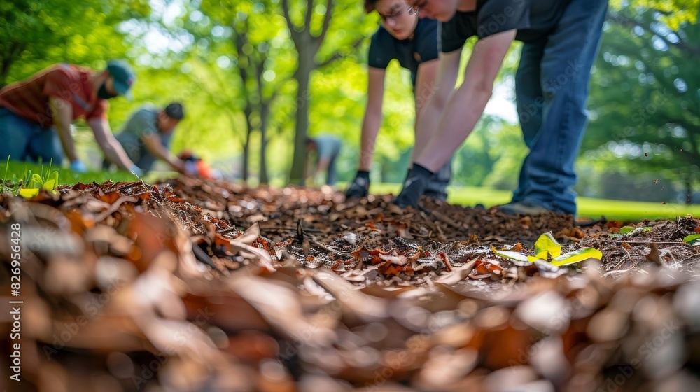 Fototapeta premium Community members gathering to clean up a local park as part of a neighborhood care initiative Generative AI