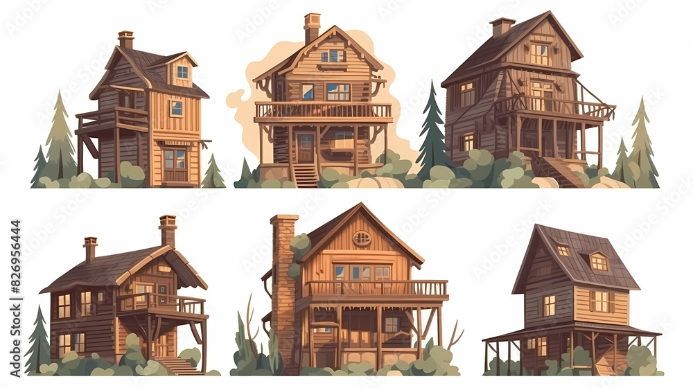 Cabins, wooden houses in forest, mountain village or camp. Small log cottages, huts with chimney, porch and stairs isolated on white background Cabins, wooden houses in forest, mountain village or camp. Small log cottages, huts with chimney, porch and stairs isolated on white background