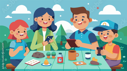 A family of four sits at a picnic table pockets filled with trinkets and treasures theyve collected from their geocaching expedition while laughing. Vector illustration