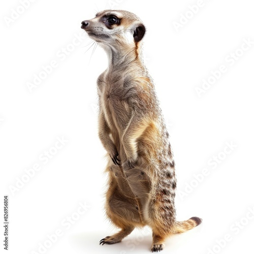 A curious meerkat standing on hind legs, scanning the horizon for danger isolated on white background   © chaynam