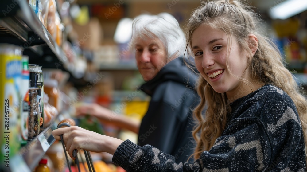 Young volunteers assisting with grocery shopping for seniors as part of a community care program Generative AI Young volunteers assisting with grocery shopping for seniors as part of a community care program Generative AI