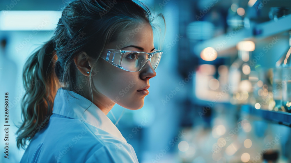 Young female scientist in lab coat and protective glasses, conducting research in a modern laboratory. Young female scientist in lab coat and protective glasses, conducting research in a modern laboratory.