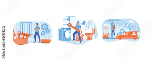 Home renovation. The plumber repairs drains and water lines. Electrician repairing power grid. Home maintenance concept. Set flat vector illustration.
