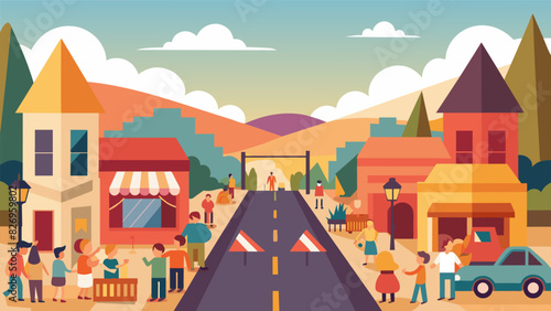 A small towns main street closed to traffic as the community comes together to celebrate a special occasion with a potluck dinner and live music.. Vector illustration