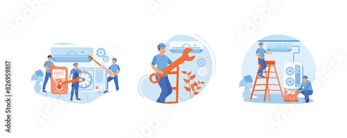 AC repairer services. AC repairman repairs and installs home air conditioners. Cooling system service. Home maintenance concept. Set flat vector illustration.