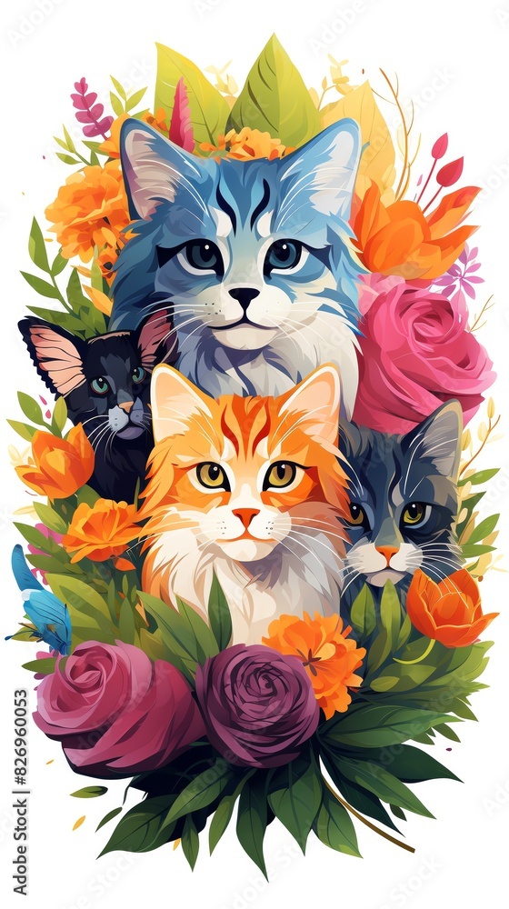 Beautiful illustration of four cats surrounded by colorful flowers, creating a vibrant and playful composition. Beautiful illustration of four cats surrounded by colorful flowers, creating a vibrant and playful composition.