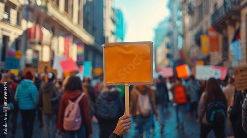 Crowd of people in the street holding signs during a peaceful protest or demonstration, with focus on one person's blank sign. photo