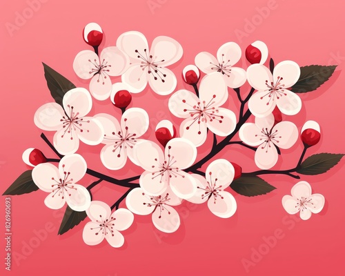 Elegant illustration of cherry blossoms in full bloom on a pink background  showcasing delicate petals and vibrant colors.