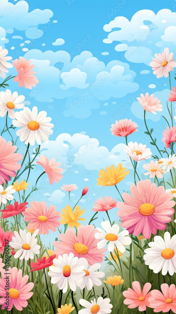 Flowers in a meadow flat design top view summer theme cartoon drawing colored pastel