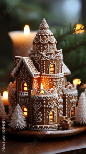 Gingerbread house candles, with details like frosted roofs and candy decorations, emitting a sweet spice aroma