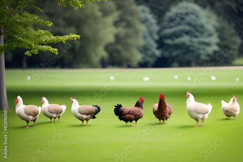 flock of chickens grazing on the grass