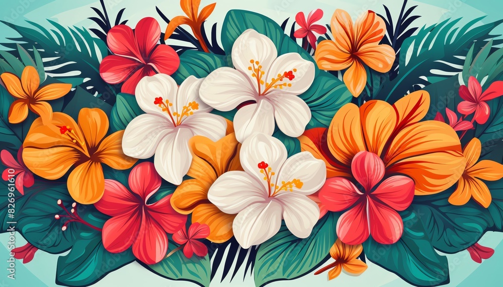 Tropical flowers flat design front view summer theme cartoon drawing Analogous Color Scheme Tropical flowers flat design front view summer theme cartoon drawing Analogous Color Scheme