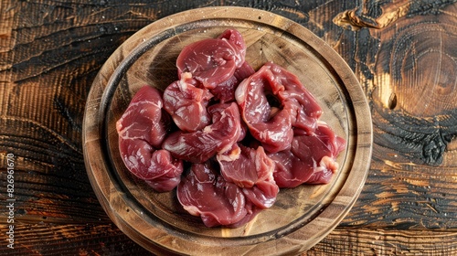 Close up top view of raw pork kidneys on a chopping board without any people photo