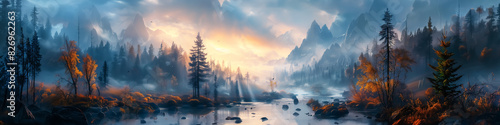 panoramic snow mountain landscape  fantasy nature view. Wall Art Poster Print Design for Home Decor  Decoration Artwork  High Resolution Wallpaper and Background for Computer  Smartphone  Cellphone