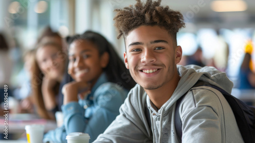 Happy teenagers sitting together in a school cafeteria, smiling and enjoying their time, showcasing friendship and youth.