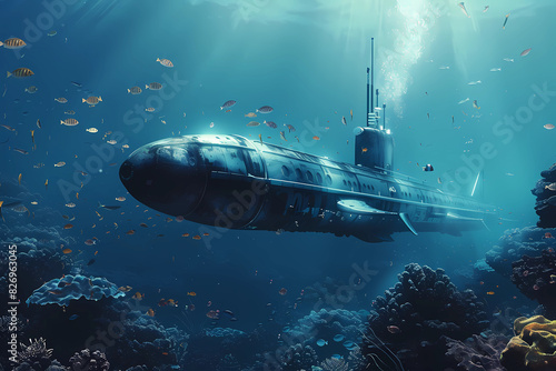 A submarine exploring the depths of the ocean, encountering strange marine life.