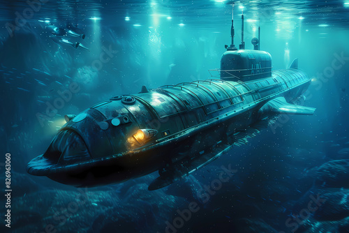 A submarine exploring the depths of the ocean, encountering strange marine life.