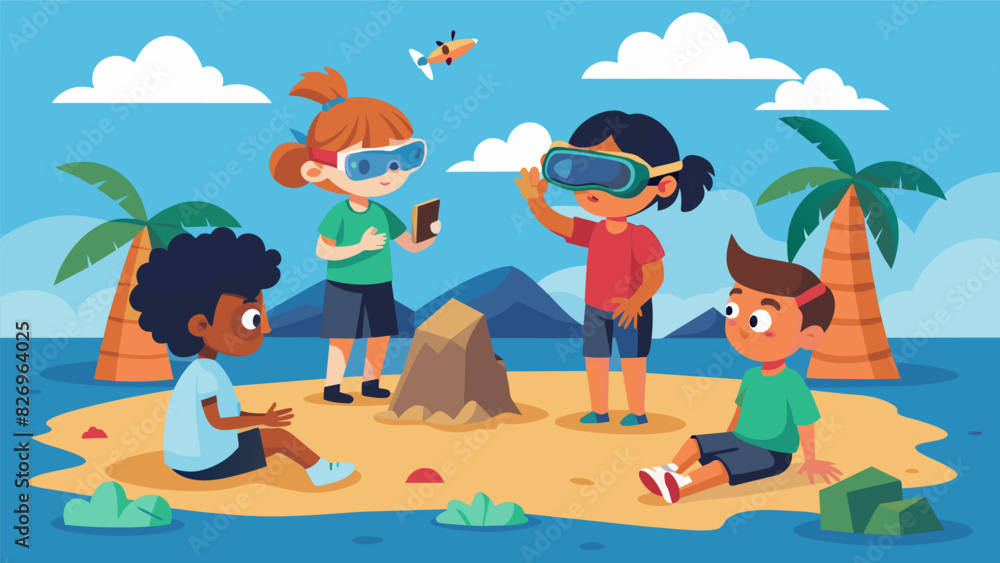 As they put on their virtual reality headsets the kids find themselves on a deserted island learning survival skills and building shelters in a fun. Vector illustration