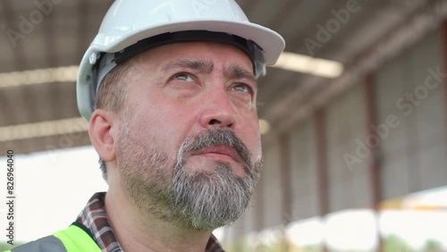 Portrait footage showing a good looking and smart male senior engineer standing in the construction site. 