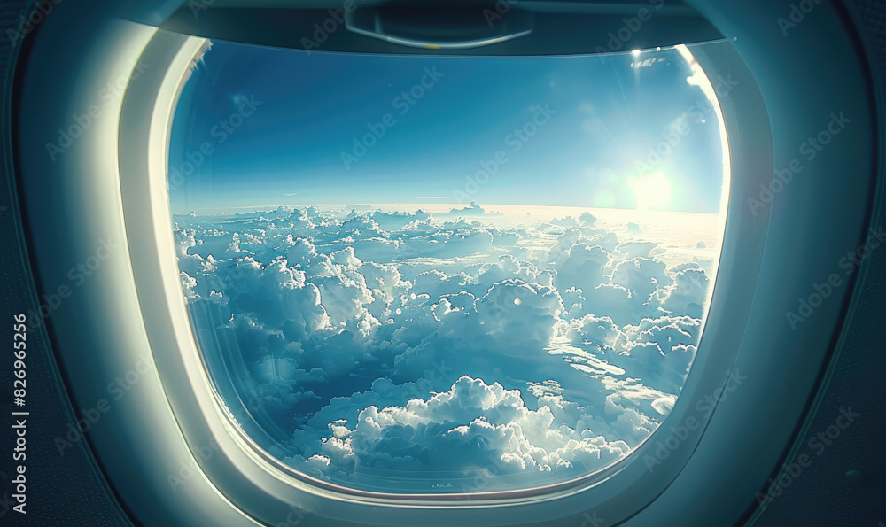 Sunlight streaming over fluffy clouds seen from an airplane window. Generate AI
