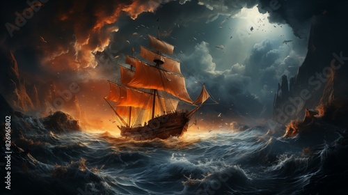 A lost ship sailing in the storm on a rough sea photo