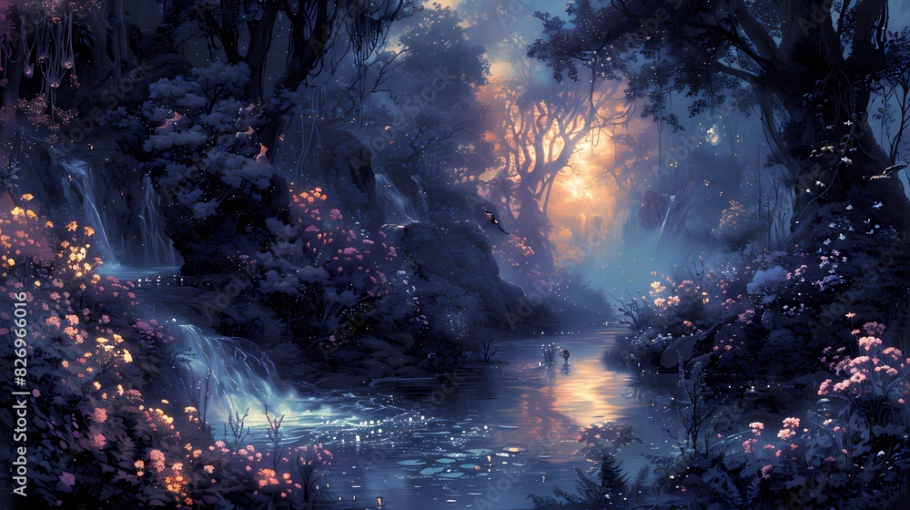 magical forest glade with creatures in soft liquid hues