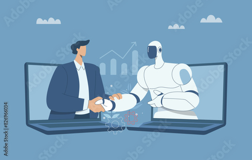 Ai robot and human shaking hands, Online collaboration between humans and artificial intelligence, Businessman and robot holding hands on laptop, Technological progress. Vector design illustration.