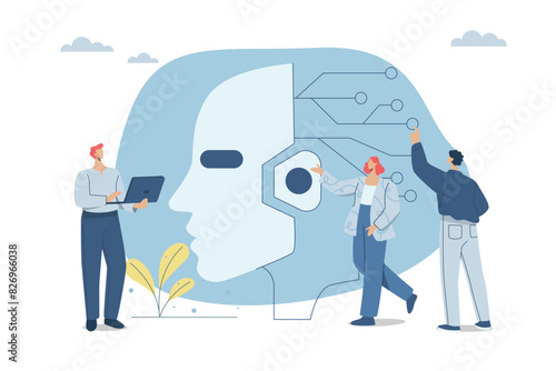 AI, Collaboration of personnel or company employees with artificial intelligence, New technological advances and innovations, Business team meeting with robot head, Vector design illustration.