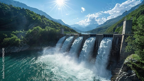 A wide-angle view of an active dam with water gushing from below and bright sunlight illuminating the scene, showcasing energy production in high mountainous areas