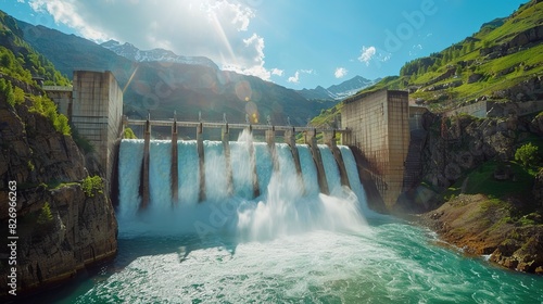 A wide-angle view of an active dam with water gushing from below and bright sunlight illuminating the scene  showcasing energy production in high mountainous areas