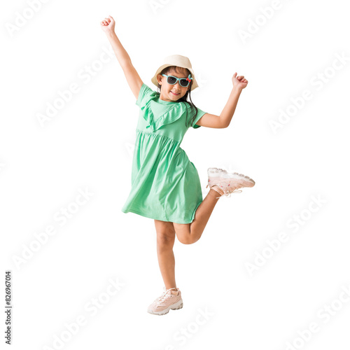 Happy smiling asian little girl and jumping, dancing were hat and sunglasses posing, Fashion summer holiday concept, Full body isolated on white background