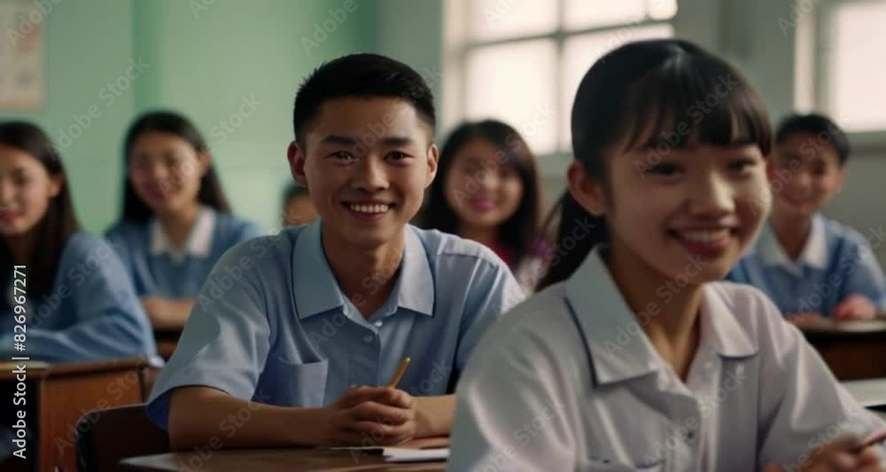 Asian students in classroom, happy cheerful classroom environment, male and female students laughing in the classroom Generative AI Asian students in classroom, happy cheerful classroom environment, male and female students laughing in the classroom Generative AI