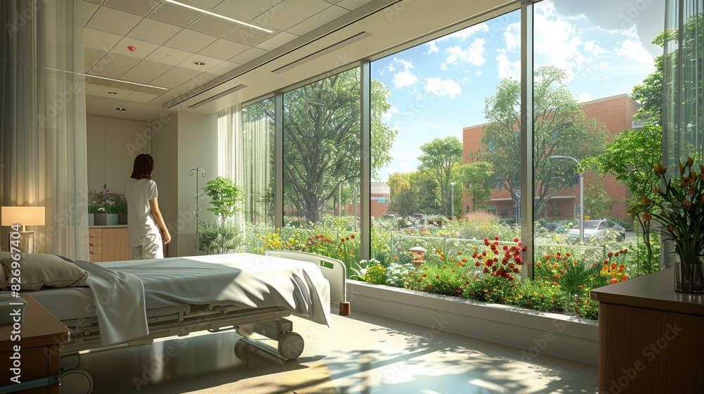 A serene hospital room overlooking a lush garden