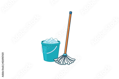 Washing bucket and mop. cleaning vector illustration isolated on white background