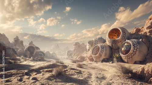 A surreal desert landscape where AI-powered robots construct sustainable habitats using locally sourced materials. 32k, full ultra HD, high resolution photo