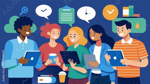 A group of friends sharing their favorite apps for studying and time management and how technology has helped them become more organized students.. Vector illustration