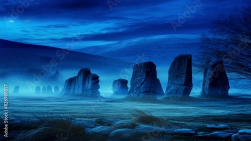 The large stone monument originates from the megalithic era where people used large stone tools for traditional ceremonies, etc. the blue atmosphere is mystical and cinematic photo